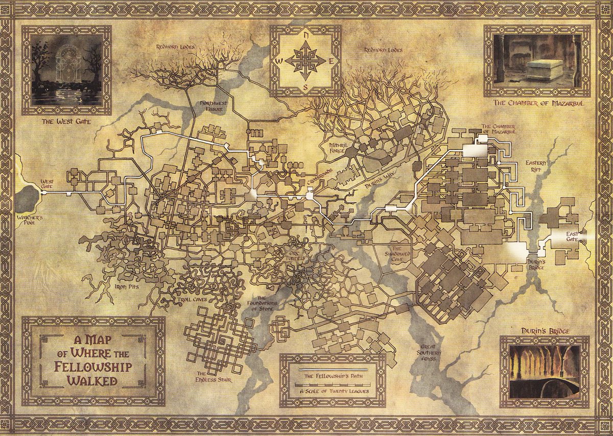 Mapa detallado de Las Minas de Moria de El Señor de los Anillos. Cuesta creer que salieran vivos de ahí.