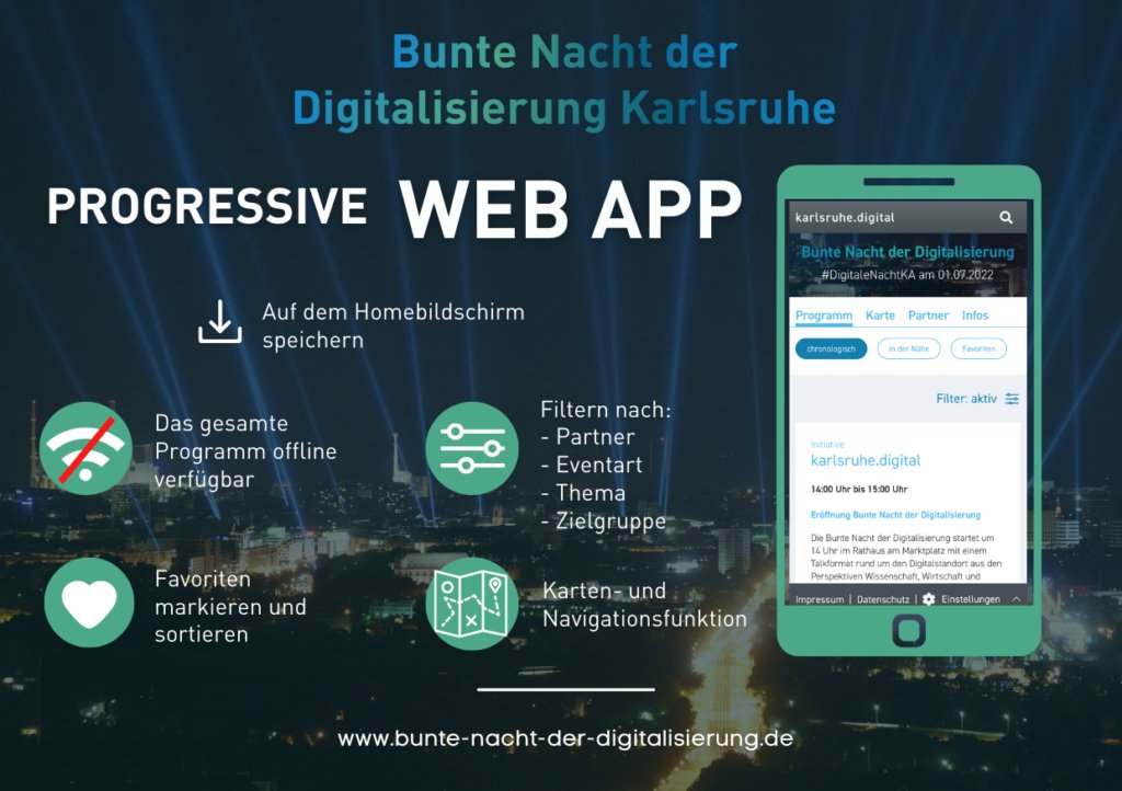 Ihr wollt euch #KarlsruheDigital euer Programm für die #DigitaleNachtKA zusammen stellen und immer mit dabei haben? 

Kein Problem! 

Unsere progressive Web-App steht für euch unter bunte-nacht-der-digitalisierung.de bereit 🤗💙