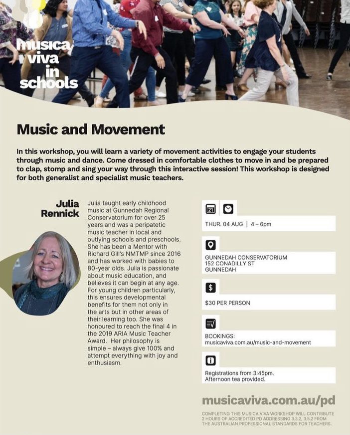In this workshop, you will learn a variety of movement activities to engage your students through music and dance. This workshop is designed for both generalist and specialist music teachers. musicaviva.com.au/workshops/upco… #MusicED #MusicEducation <a href="/MVISchools/">Musica Viva Australia In Schools</a>