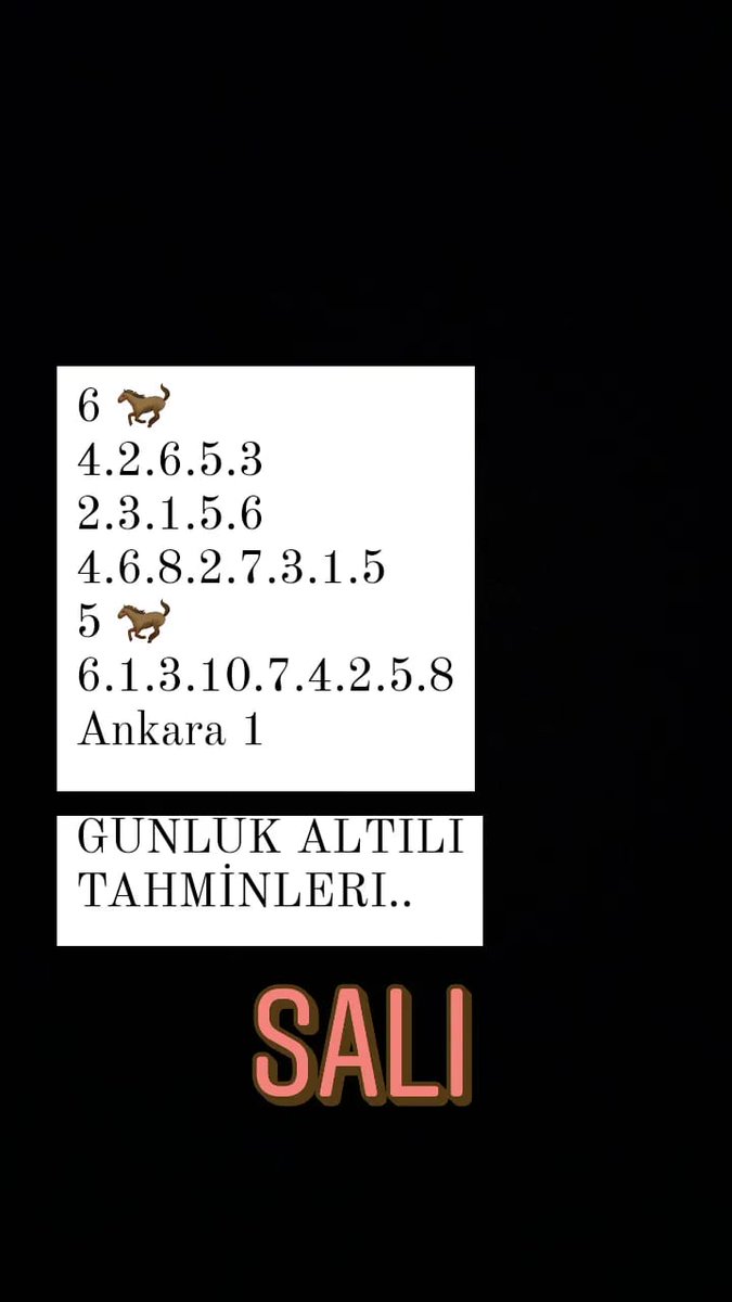 Herkese bol şans olsun  <a href="/GunlukAltili/">TEO ALTILI TAHMİNLERİ</a> <a href="/YarisGunleri/">YARIŞ GÜNLERİ - Hasan DOLMAZ - TJK TV ESKİ SPİKERİ</a> <a href="/istinyeganyanb/">İstinye Ganyan</a> #Adana #Ankara #İstanbul #izmir #Bursa #Antalya #atyarişi