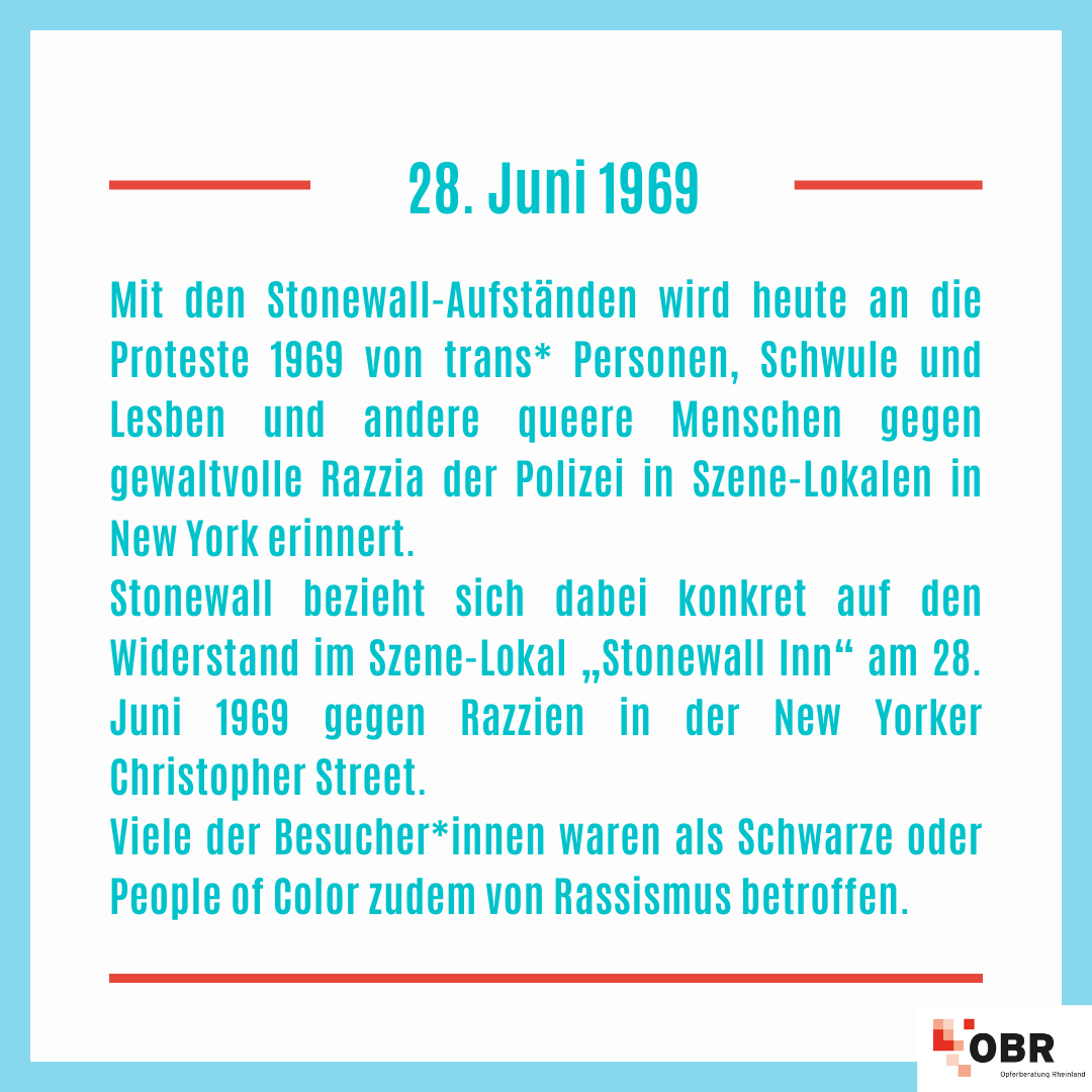 obr_rheinland's tweet photo. 🏳️🌈⚧️ #andiesemTag erinnern wir an die #Stonewall-Aufstände vom 28. Juni 1969, bei denen sich trans* Personen, Schwule, Lesben u. andere queere Menschen gg. Polizeigewalt, (rassistische) #LSBTIAQ*+Feindlichkeit u. Diskriminierungen in der Christopher Street in NY widersetzen. https://t.co/KjzZVOrak2