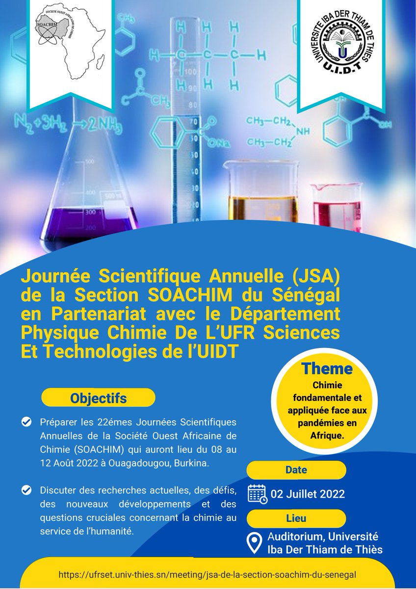univthies's tweet photo. UFR SET : Journée Scientifique Annuelle de la section sénégalaise de la Société Ouest Africaine de Chimie - #SOACHIM https://t.co/dXSMZJagZm