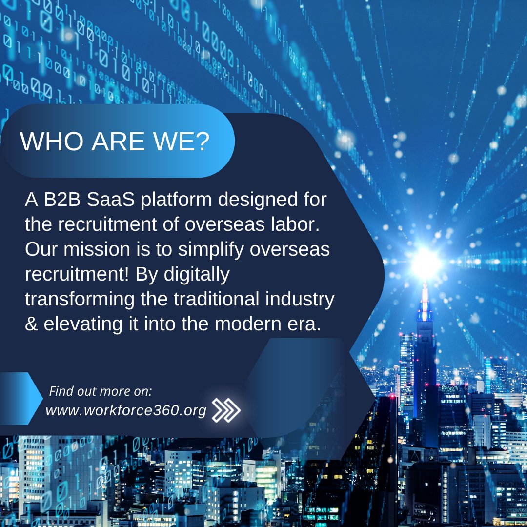 Hello!
We are Workforce360. A B2B SaaS platform designed for the overseas recruitment of skilled &amp; unskilled labor to the GCC countries.
#SaaS #startups #DigitalTransformation #automation #MachineLearning #HR #recruitment #manpower #overseasrecruitment #GCC #workforce360