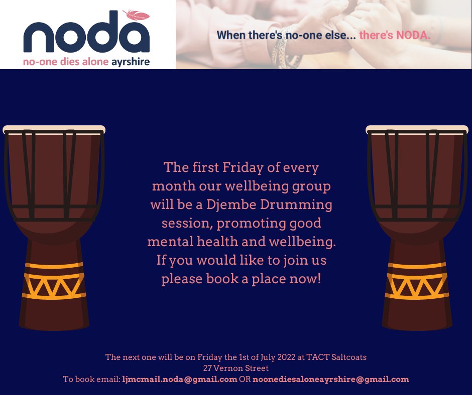 NODAAyrshire's tweet photo. Friday the 1st of July 2022, TACT in Saltcoats. Book a place now for our Djembe Drumming sessions, held on the first friday of every month!
#NODAAyrshire #Wellbeing #DjembeDrumming #Charity https://t.co/rDtOzkTzMy