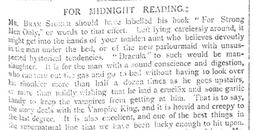 DigiVictorian's tweet photo. This morning I've been reading Victorian reviews of Dracula. I particularly like the Pall Mall Gazette's response — to let the book fall into the hands of your superstitious aunt, or a nervous parlourmaid, would be tantamount to 'manslaughter'! https://t.co/AnrsveIu41