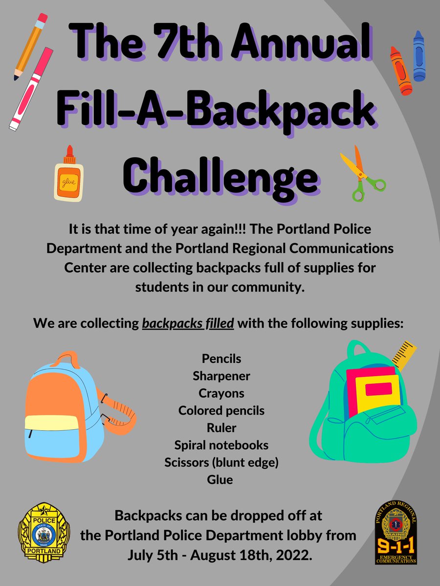 PortlandRCCME's tweet photo. It is that time of year again! It is time to collect school supplies for students in need in Portland. For the 7th year, we are holding our Fill-A-Backpack Challenge. Collection will begin next week and continue through August 18th. #fillabackpack #backtoschool #summerjuststarted https://t.co/89ZBGbt1As