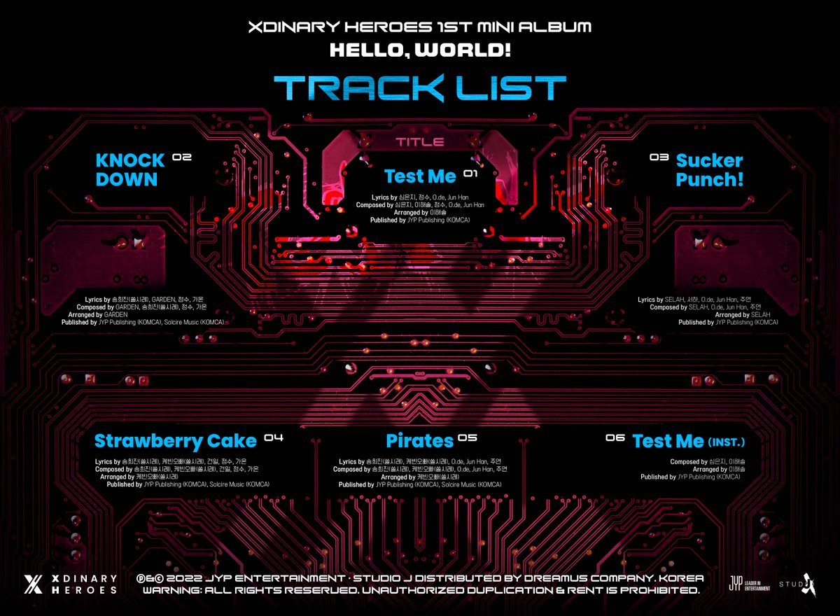 Xdinary Heroes <Hello, world!> Track List ALBUM RELEASE🔽 2022.07.20 6PM (KST) 👾 TITLE 'Test Me' #XdinaryHeroes #엑스디너리히어로즈 #Helloworld #TestMe #WE_ARE_ALL_HEROES #JYP