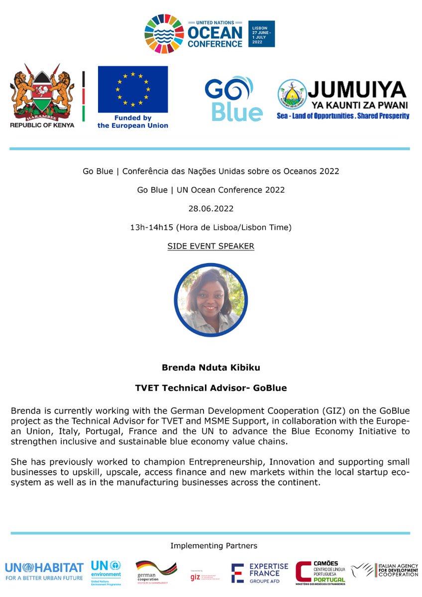 GoBlueKenya's tweet photo. 4/4
Brenda Kibiku, TVET technical Advisor- Go Blue.
@camoes_ip @JumuiyaBloc
@expertisefrance @UNHABITAT @UNEP @AICS_Nairobi @urbancampaign @EUinKenya @STTAKenya
@Environment_Ke @Min_TourismKE @eacgiz
#UNOceanConference2022 #Goblue #GoBlueke https://t.co/Zyo2IvmeBN
