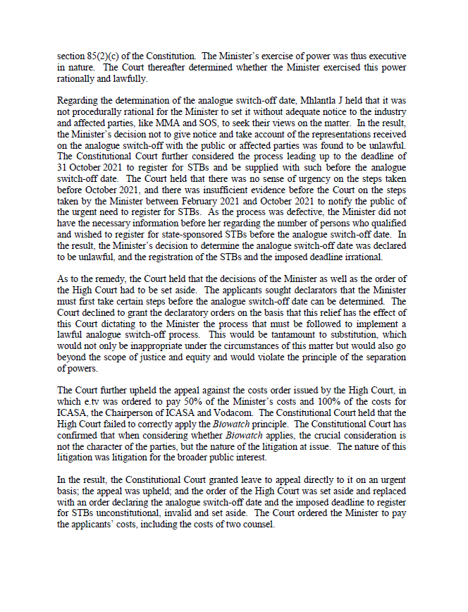 moxiiafrica's tweet photo. Analogue Switch Off Case @ConCourtSA  Judgment: 

The decision of the Minister of Communications and Digital Technologies not to give notice and take account of representations received on the analogue switch-off date is unlawful and is set aside.

#ASOcase #AnalogueSwitchOff https://t.co/aQmN0exBTi