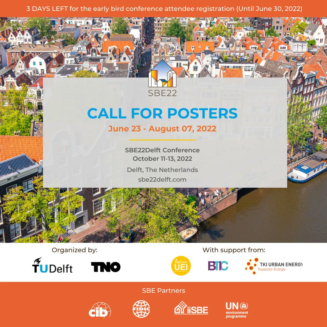 SBE Conference 2022 has now opened a call for posters. Poster size is A0. Deadline August 7, 2022. Submit to posters@sbe22delft.com. Early bird offer for conference attendant will end soon at June 30, 2022. Go grab your tickets now! More info: sbe22delft.com