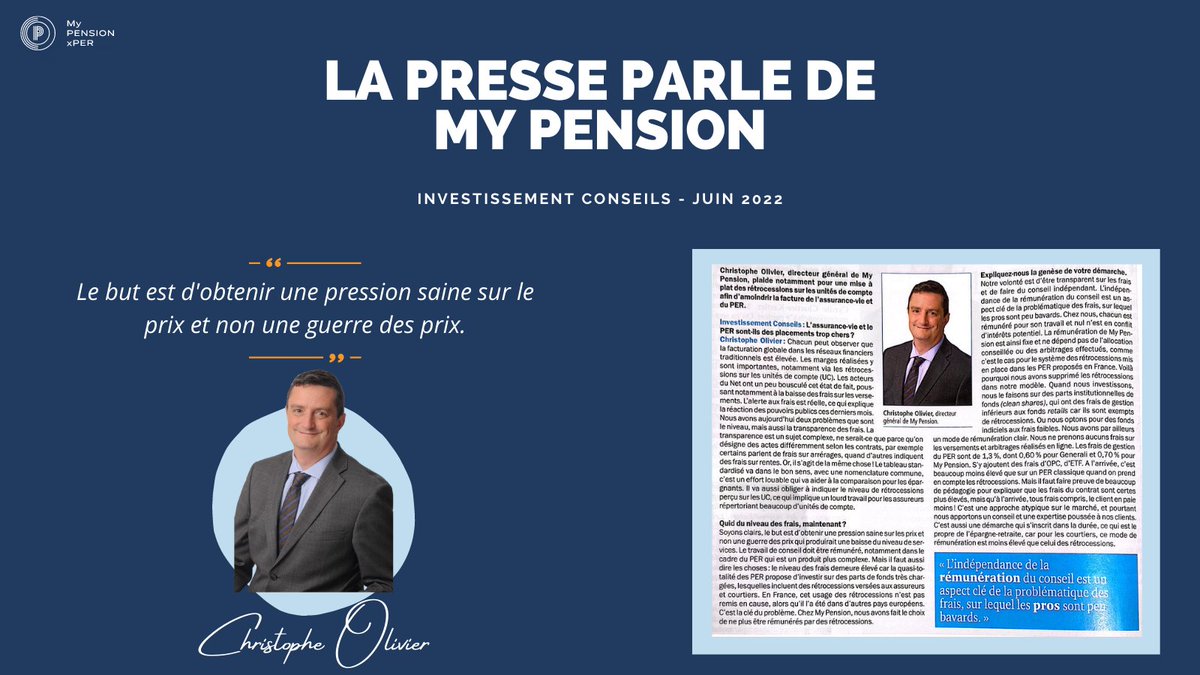 MyPENSIONxPER's tweet photo. 🗞 Christophe OLIVIER dans la #presse !

Investissements Conseils consacre un article sur les frais du PER pour les épargnants... et donne la parole à @MyPENSIONxPER sur ses valeurs d’#indépendance, de #transparence et son modèle unique de #rémunération ! 

@invest_mag https://t.co/khCCm9hwmg