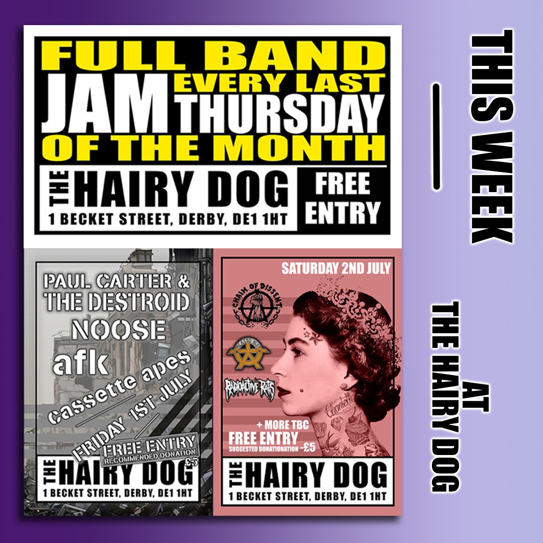 🔥🔥 GIG ATTACK 🔥🔥 Thursday: The Hairy Dog's | Full Band Jam Night Friday: Paul Carter & The Destroid, NOOSE, afk, Cassette Apes Saturday: Chain of Dissent, Picasso Blot, Radioactive Rats #hairydogderby #MVT #livemusic #derby