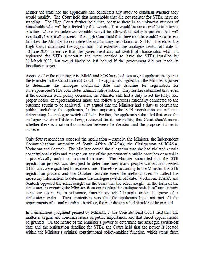 moxiiafrica's tweet photo. Analogue Switch Off Case @ConCourtSA  Judgment: 

The decision of the Minister of Communications and Digital Technologies not to give notice and take account of representations received on the analogue switch-off date is unlawful and is set aside.

#ASOcase #AnalogueSwitchOff https://t.co/aQmN0exBTi