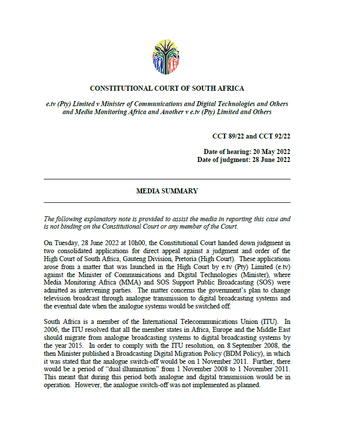 moxiiafrica's tweet photo. Analogue Switch Off Case @ConCourtSA  Judgment: 

The decision of the Minister of Communications and Digital Technologies not to give notice and take account of representations received on the analogue switch-off date is unlawful and is set aside.

#ASOcase #AnalogueSwitchOff https://t.co/aQmN0exBTi