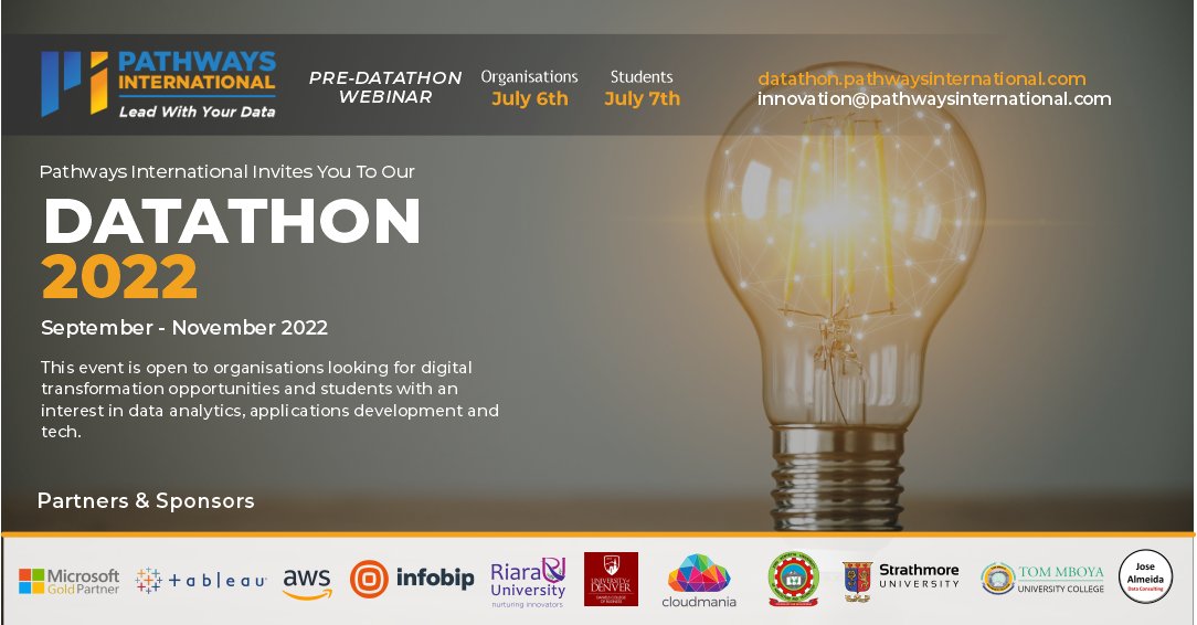 PathwaysInt's tweet photo. Following the launch of Pathways International ltd Datathon 2022 an innovation lab event, @PathwaysInt is holding A Pre-Datathon Webinar on 6th and 7th of July to give an in-depth perspective of the event.
Register here: https://t.co/8ul8iSPFyJ
Read more:https://t.co/gQ7NXJLGnG https://t.co/kodvJtrttm
