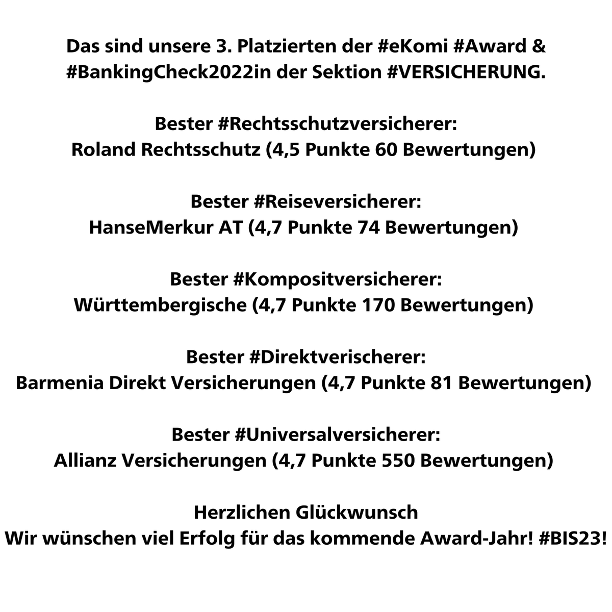 BankingCheck's tweet photo. @Barmenia @allianz_de 
⭐⭐⭐⭐⭐
#bankingcheck #ekomi #award #bankingcheckaward #ekomiaward #gewinner #berlin #finanzen #fintech 
#insurtech #versicherung #feedback #feedbackcompany #kundenbewertungen  #Bewertungsplattform https://t.co/JQAlPV2jev