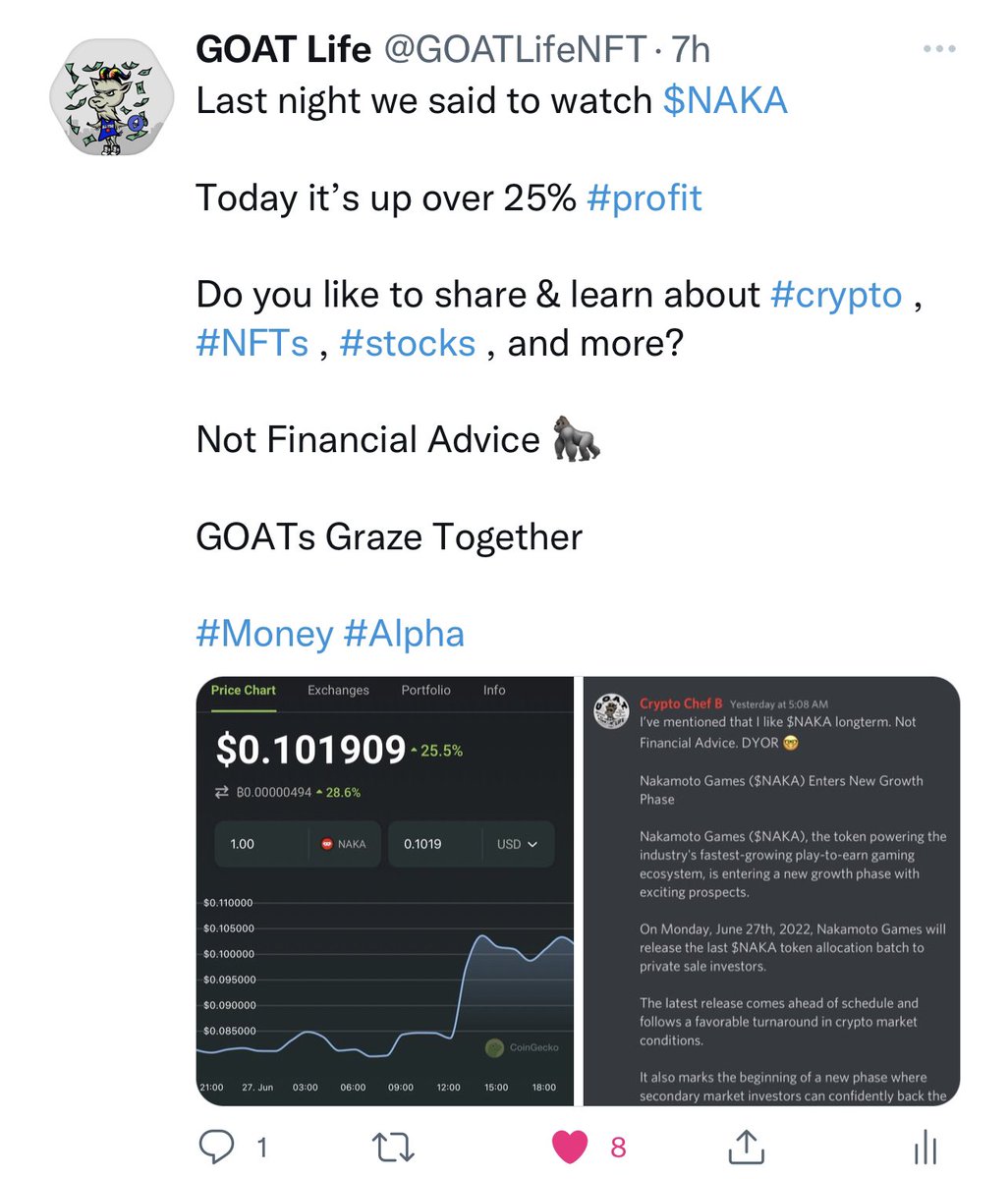 GOATLifeNFT's tweet photo. And now it’s up over 50% 💰🐐

$NAKA is one to watch 👀 

Not Financial Advice - GOAT Life NFT Community - GOATs Graze Together

#Web3 #Gaming #Play2Earn #Learn2Earn #PassiveIncome #NFT #Crypto https://t.co/33AYmHyqJn