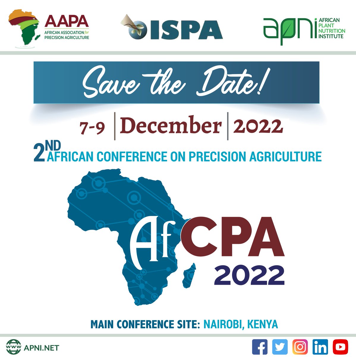 #SAVE_THE_DATE : 7 – 9 December 2022
The African Plant Nutrition Institute in partnership with the International Society of Precision Agriculture and the African Association for Precision Agriculture present: the 2nd edition of the African Conference on Precision Agriculture.