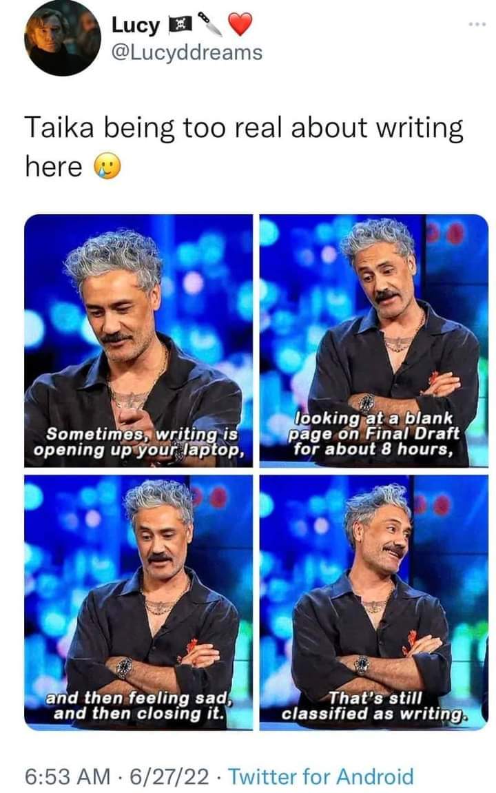 LordGord84's tweet photo. #TaikaWaititi #WritingCommunity #WritersofTwitter #RealityofWriting https://t.co/gSsxm2Na7L
