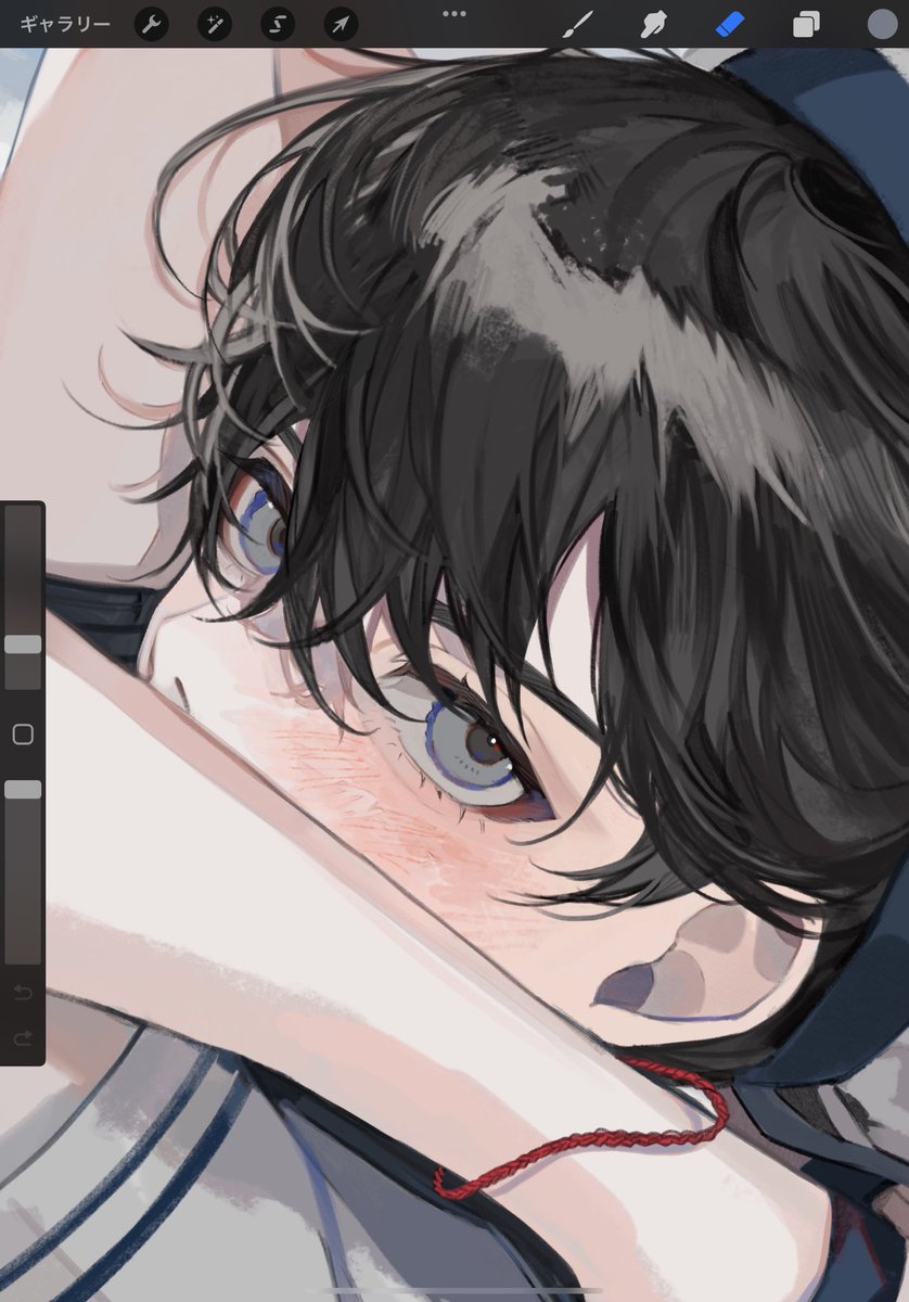 black hair solo 1boy looking at viewer male focus blush hair between eyes  illustration images