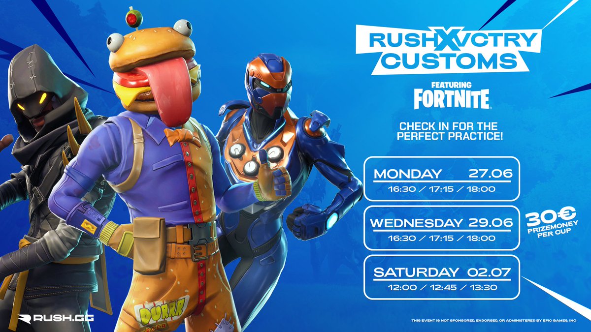 RUSHGGFortnite's tweet photo. Happy mealtime #Fortnite players!🍟

Our @VCTRYEsports customs are up again for Wednesday and Saturday!
Follow @RUSHGGFortnite (on IG too🤝) for weekly tournaments &amp; content!👈

📅 WED / SAT
⏰ 16:30 or 12:00 CEST 
💶 30€ EACH GAME!🤑
🌍 https://t.co/o633zi1Zwu https://t.co/uYToiWfeNY