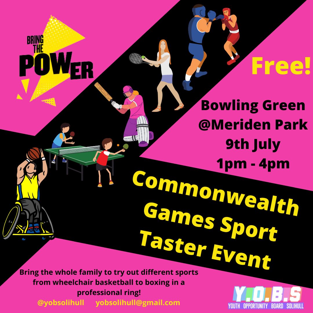 Come along to <a href="/yobsolihull/">@YOSolihull</a> #CommonwealthGames ✨FREE✨sport taster event on the 9th July 1pm-4pm at Meriden Park. A fantastic family event to give you the opportunity to try a range of sports from boxing to wheelchair basketball and work with professional coaches! 🥊🏅🏀🏈🎾⚽️🏆