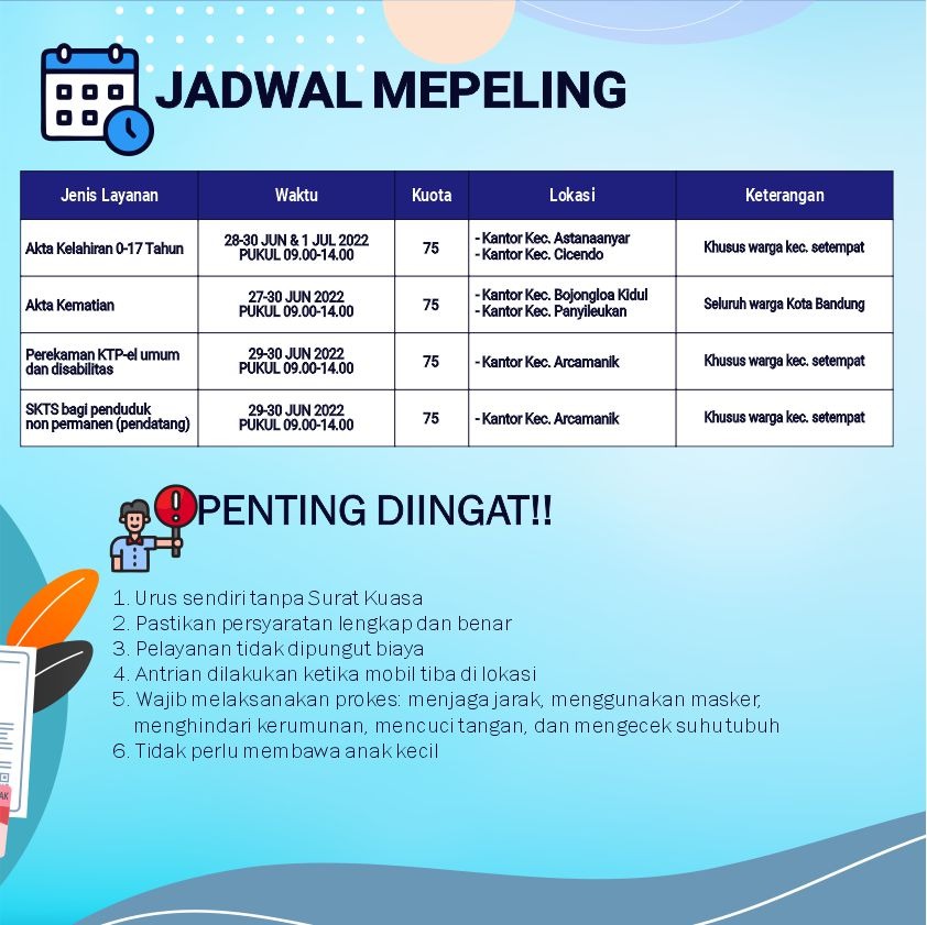 bdg_dukcapil's tweet photo. Wargi Bandung, berikut ini update #JadwalMepeling untuk pekan ini. Siapkan segala berkas persyaratannya dan datangi lokasinya. Hatur nuhun ☺🙏
#mepeling #disdukcapilbdg https://t.co/i8AFkSpdpo