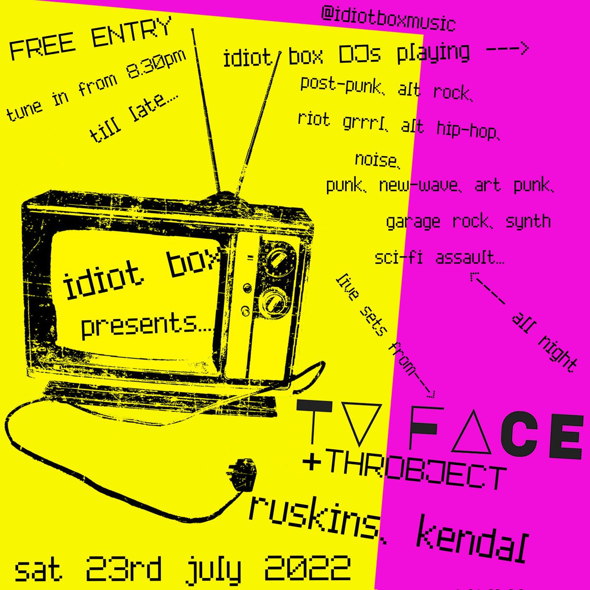 Our next outing is in #kendal Ruskins Bar with support from @throbject and @idiotboxmusic DJs spinning alternative tracks all night. FREE ENTRY! 📺😜 #kendalmusic #cumbria #gigs #DIYmusic #livemusic #artpunk #alternative #nowave #garagerock #riotgrrl #postpunk #scifisynth