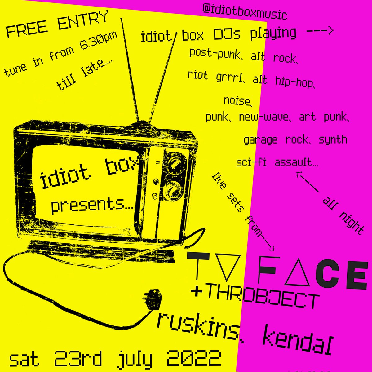 TV FACE (@tvfaceband) on Twitter photo Our next outing is in #kendal Ruskins Bar with support from @throbject and <a href="/idiotboxmusic/">idiotboxmusic</a> DJs spinning alternative tracks all night. FREE ENTRY! 📺😜
#kendalmusic #cumbria #gigs #DIYmusic #livemusic #artpunk #alternative #nowave #garagerock #riotgrrl #postpunk #scifisynth Our next outing is in #kendal Ruskins Bar with support from @throbject and <a href="/idiotboxmusic/">idiotboxmusic</a> DJs spinning alternative tracks all night. FREE ENTRY! 📺😜
#kendalmusic #cumbria #gigs #DIYmusic #livemusic #artpunk #alternative #nowave #garagerock #riotgrrl #postpunk #scifisynth