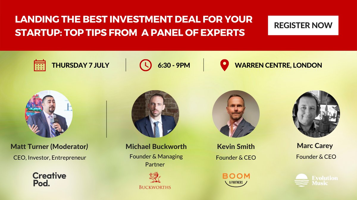 We look forward to <a href="/mikebuckworth/">Michael Buckworth</a> discuss the best practices on raising #investment for #startups, joined by Kevin R Smith, MSc (@Boomandpar Partners) and Marc Carey (Evolution Music), moderated by Matt Turner (<a href="/CreativePodUK/">Creative Pod</a>) next Thursday
Register now: eventbrite.co.uk/e/363004936537