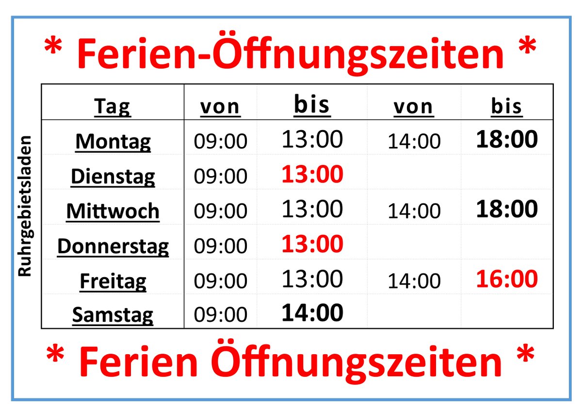 Liebe Kunden des Ruhrgebietsladens,
die letzten beiden Jahre haben uns eine Menge abverlangt!
Wir dachten dass es nun wieder aufwärts gehen würde.
Fehlende Kundenbesuche im Ruhrgebietsladen lassen uns keine andere Wahl;
Wir müssen unsere Öffnungszeiten verkürzen.