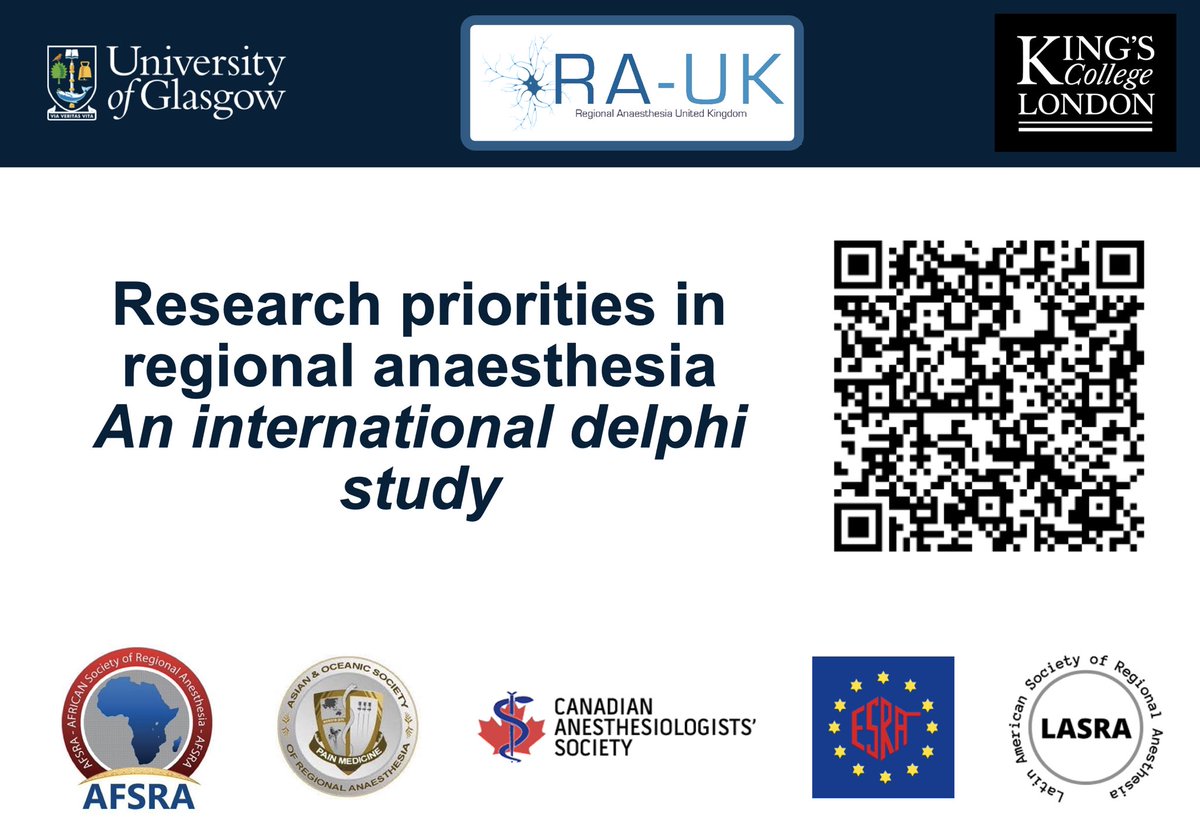 Delighted that @AFSRA10 able to join @RegionalAnaesUK @CASUpdate @ESRA_Society LASRA and AOSRA in this worldwide research survey and Delphi aiming to establish top #regionalanaesthesia research priorities around the world 🌎🧐 Have your say here 👇 ➡️ bit.ly/3sKFAzn