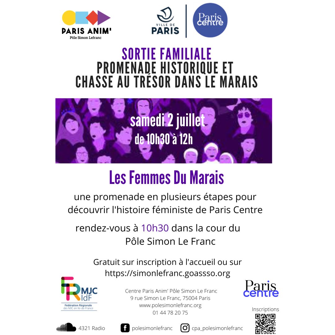 Le Pôle Simon Le Franc propose une sortie en famille pour découvrir l'histoire féministe de Paris Centre. N'hésitez pas à vous inscrire sur simonlefranc.goasso.org