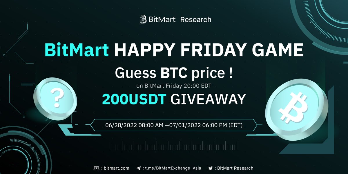 🔥BitMart HAPPY FRIDAY GAME
 
🤔Guess the price of #BTC/USDT on #Bitmart Friday 20:00 EDT
🎁200usdt for the 50 closest answer fans
1⃣Follow <a href="/BitMartResearch/">BitMart Research｜$BMX HODLer</a>
2⃣RT &amp; Like &amp; Tag 3 frds
3⃣Comment with your answer
4⃣Fill out:bit.ly/3OGu4xe

📅End Time: 07/01/2022 6:00 PM EDT
