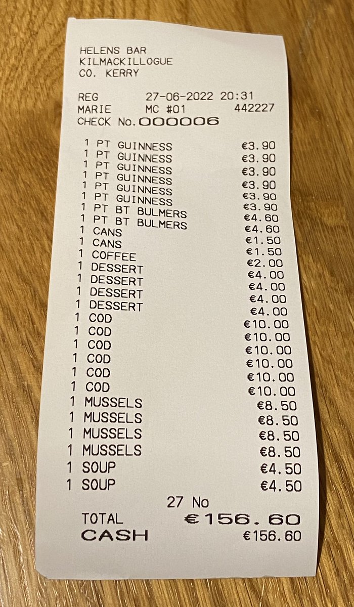 EimhinBoland's tweet photo. Food of the highest quality at prices that are hard to beat, and a real Irish welcome. It’s a long time since I paid less than €4 for a pint of Guinness too! Thanks to Helen and all at Helen’s Bar in Kilmackilllogue, Co. Kerry for the experience! We’ll definitely be back. https://t.co/uoomjHzYW5