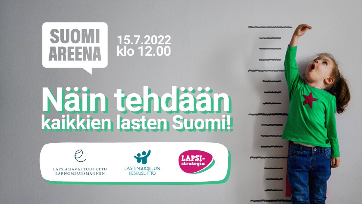 lapsistrategia's tweet photo. Perjantaina 15.7. klo 12 @SuomiAreena keskustellaan, miten #KaikkienLastenSuomi toteutetaan!

Puhujina @PekkarinenElina @JussiTolvanen @netterimpioja @jarmokokkonen &amp; @JohannaLaisaari 🤩
Tilaisuuden juontaa @USiimes ❗️

https://t.co/ktwRAjXa70 

#Lapsistrategia https://t.co/XIBeIkeT05