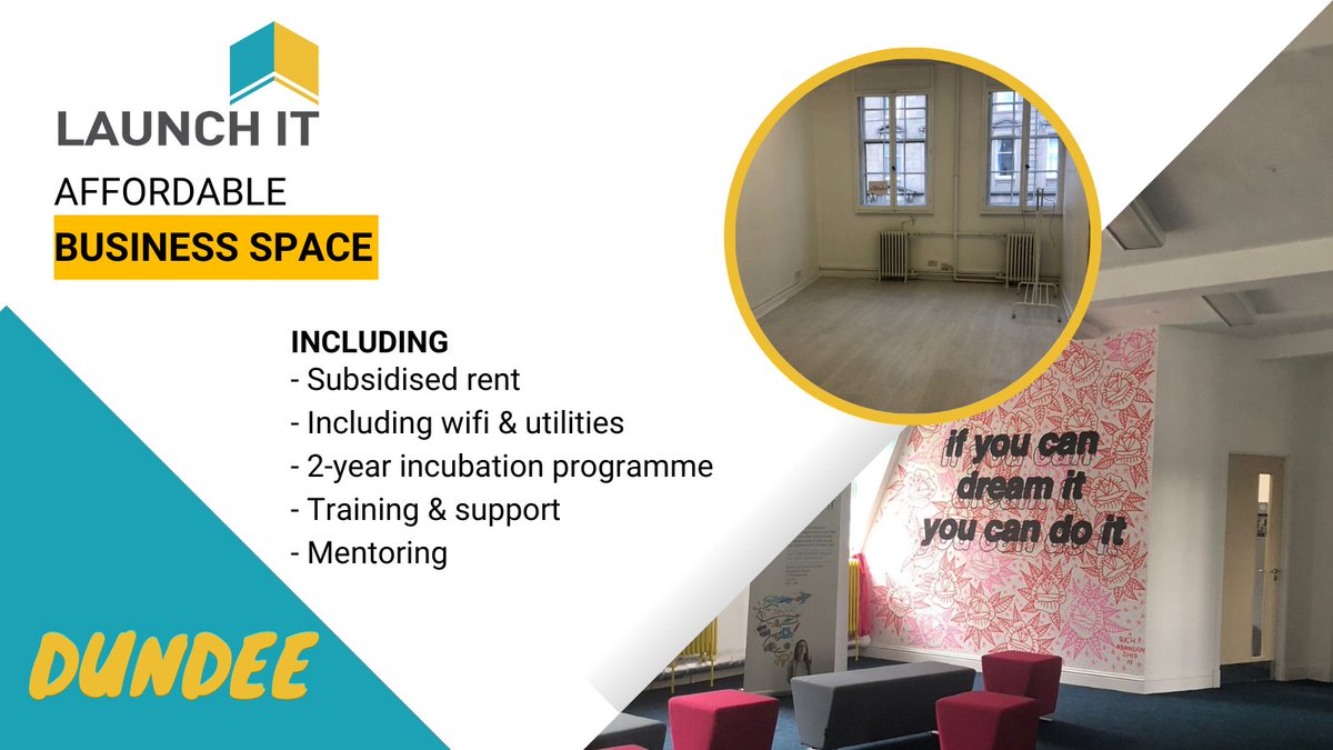 📣S​​​​​​​​​​​​​​​​​​​​​​​​​​​​​​​​​​​​​​tudio spaces have become available in our #Dundee enterprise centre. 
Rents start at just £123/month with up to 50% off for the first 12 months.
If you want to grow a business &amp; are aged 18-30 then email 👉 lianne@launchit.org.uk