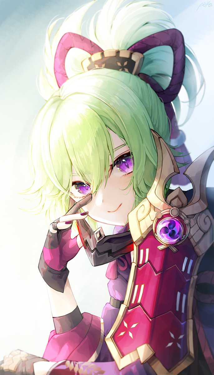 kuki shinobu 1girl solo green hair purple eyes gloves smile looking at viewer  illustration images