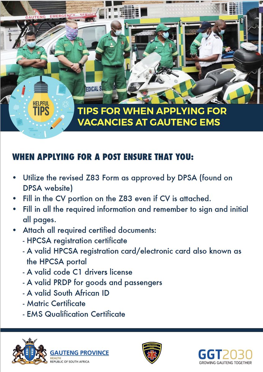 WE ARE HIRING: Emergency Care Officers x 145 (ILS)||
We are currently recruiting suitable candidates to join the team. Please ensure you follow instructions, we have included some tips to help.For more information visit the Gauteng Professional Job Centre or the DPSA website.