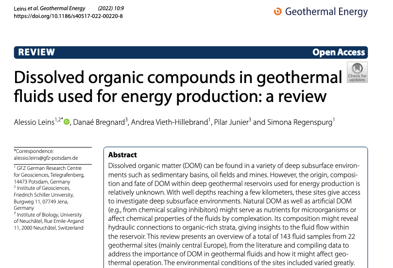 The REFLECT review article ‘Dissolved organic compounds in #geothermal fluids used for energy production' is now available online. Learn more about the #REFLECTresearch ➡️ bit.ly/3HWs4yO
 
#GeothermalFluids #Microbiology