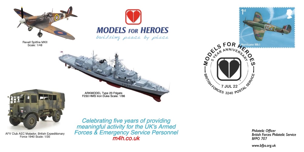 To celebrate 5 years of Models for Heroes the @BFPS_justask are publishing a commemorative cover featuring a special handstamp created just for the anniversary. A limited number will be signed by <a href="/almurray/">Al Murray 🇺🇦</a> #modelmaking #Stamps bfps.org.uk/product/cc98-t…
