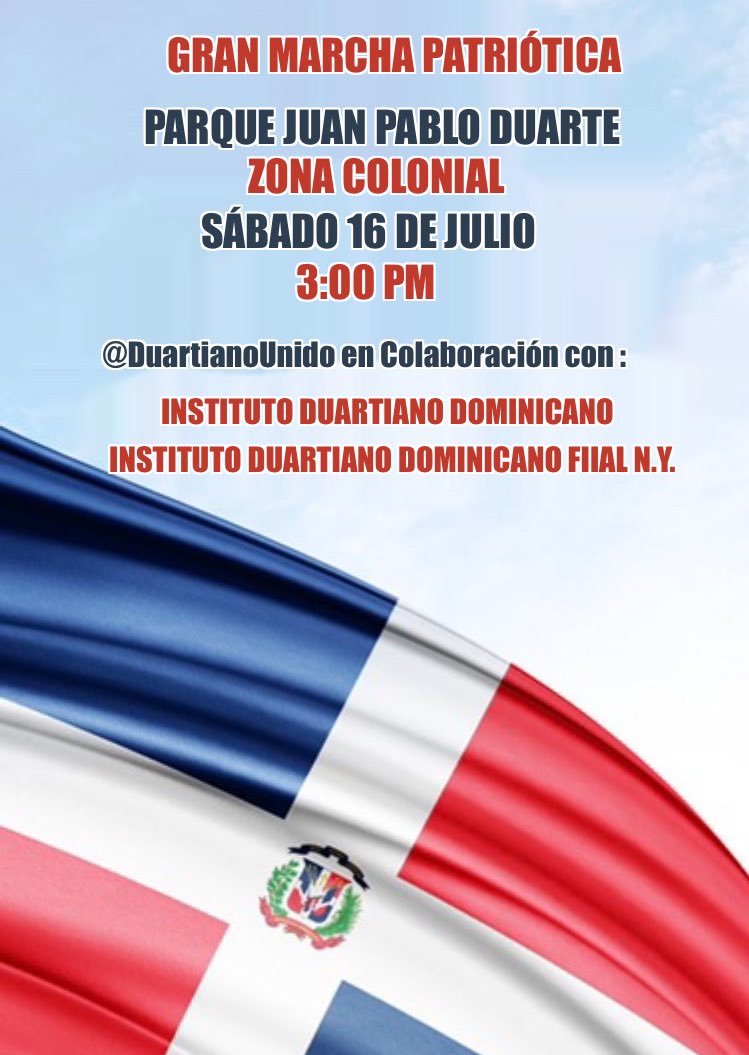 Te invitamos a participar de esta marcha ofrenda en HONOR al padre de la PATRIA, JUAN PABLO DUARTE. Hoy más q nunca debemos decir presente. Aquí todos están invitados sin importar partido político. La PATRIA NOS LLAMA, la familia, la bandera y los colores patrios <a href="/IDuartianoRD/">Instituto Duartiano</a>