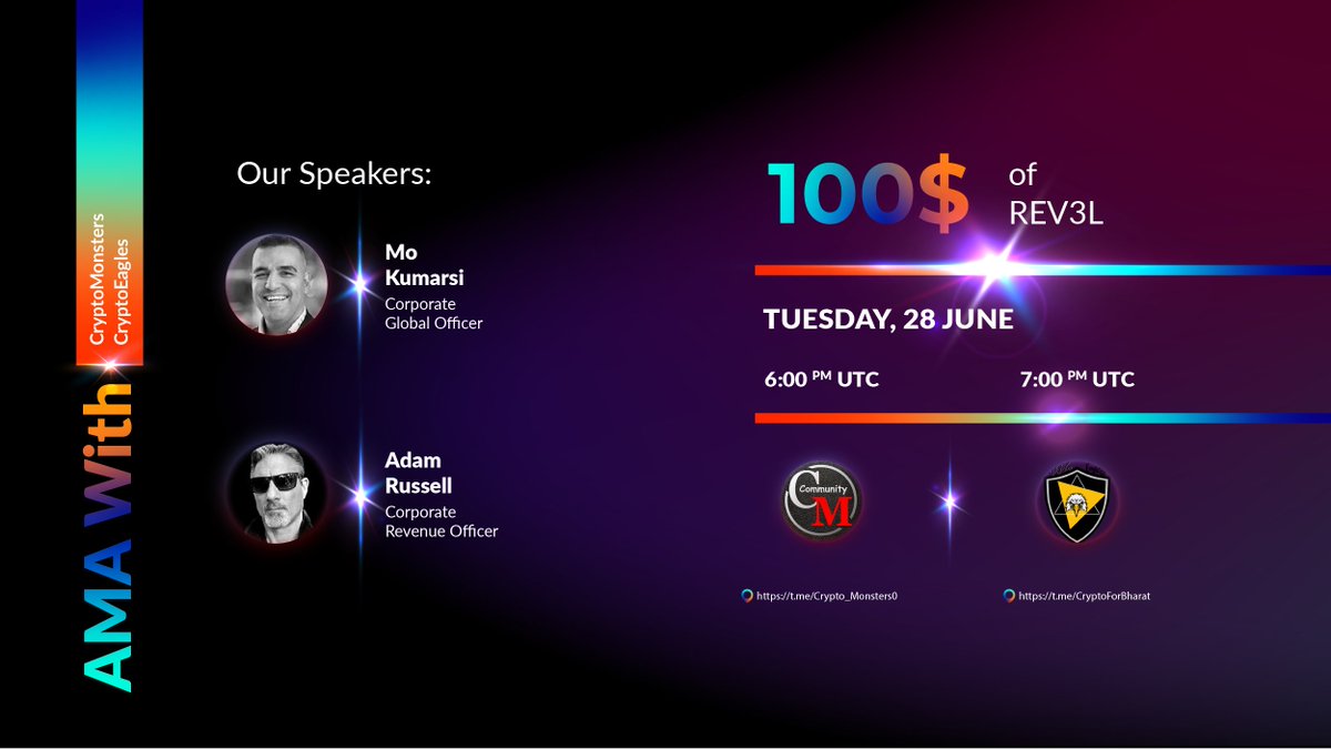 Rev3alTech's tweet photo. #Rev3alers, be sure to attend todayโs awesome #AMASessions:๐ป
๐ 28th of June featuring:
6pm UTC | REV3AL X CryptoMonsters: https://t.co/AcOLcdKEsc
๐ธ Reward: $100 of $REV3L
7pm UTC: REV3AL X Crypto Eagles: https://t.co/JB0UiEhOQw
๐ธ Reward: $100 of $REV3L https://t.co/ZQYnmSFfx5