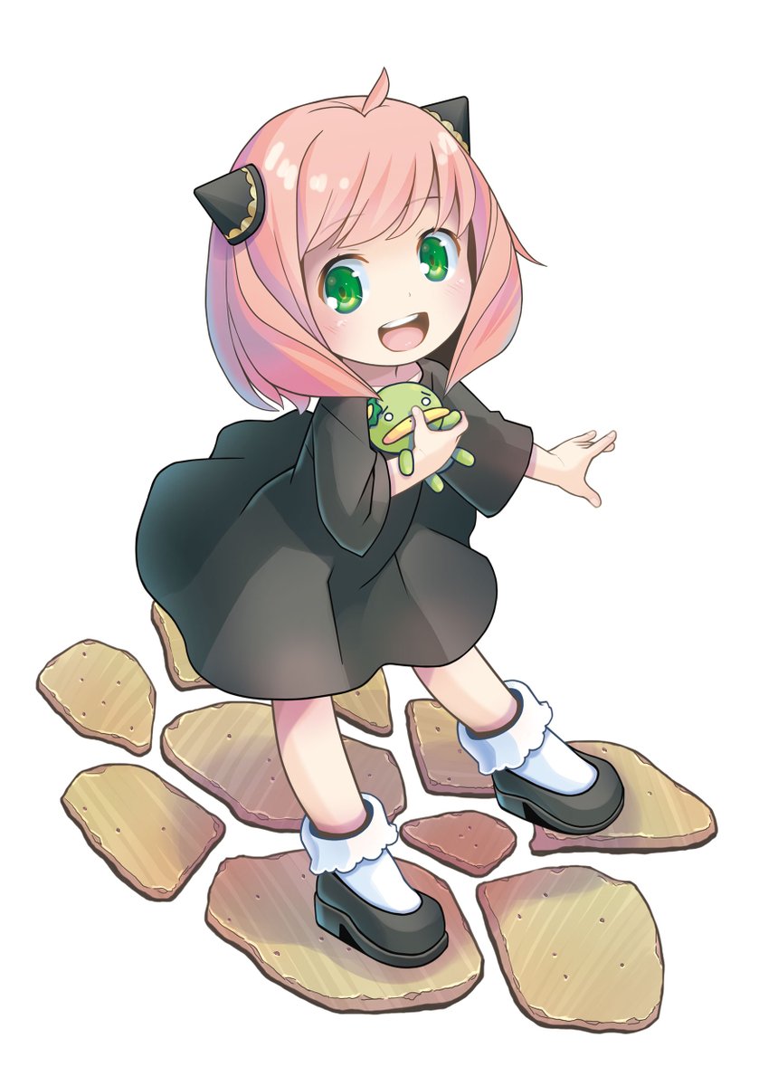 anya (spy x family) 1girl green eyes pink hair dress female child solo black dress  illustration images