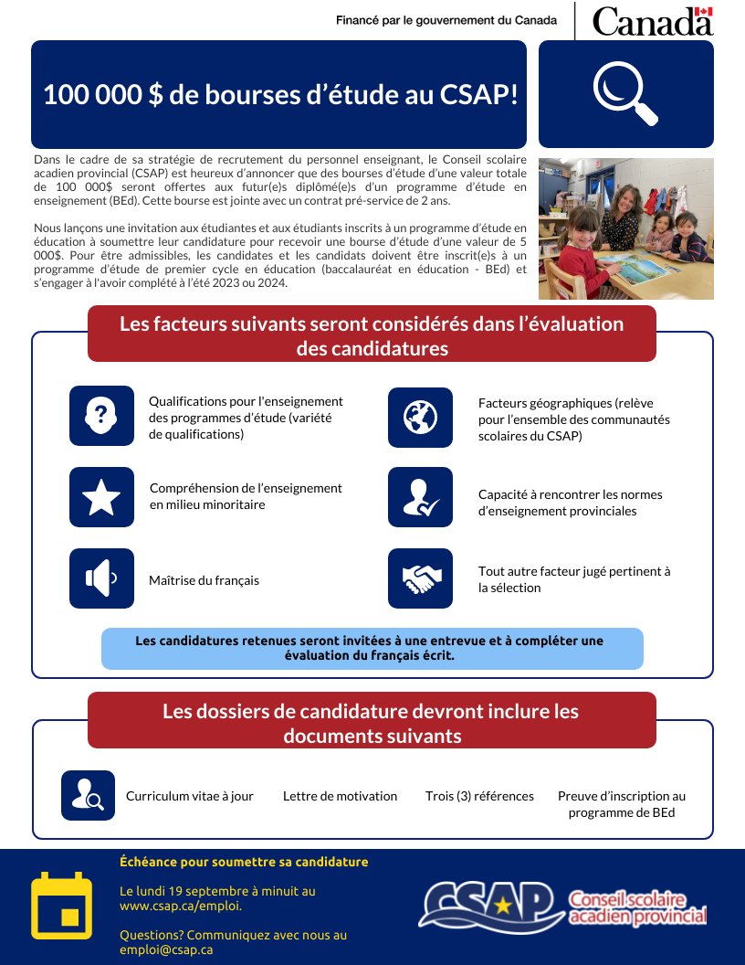 Nous sommes heureux d’annoncer que des bourses d’étude d’une valeur totale de 100 000$ seront offertes aux futur(e)s diplômé(e)s d’un BEd. Ça vient avec une entente de service de 2 ans! 

Le dossier de candidature doit être reçu complètement en français ➡️ jobs.ednet.ns.ca/job-invite/766…