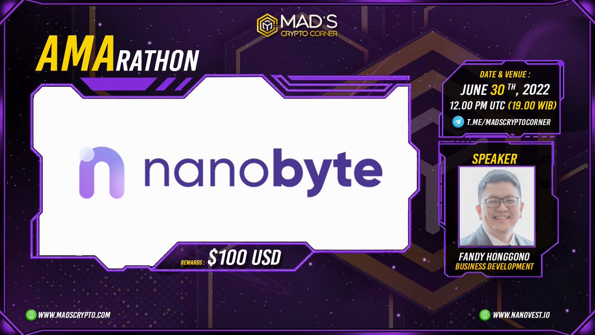 🌟 <a href="/MadsCrypto_/">Mad's Crypto 🔶</a> #AMArathon with <a href="/nanobyte_io/">NanoByte Official</a>✨

🏰Venue: t.me/MadsCryptoCorn…
💰Pool: $100 $BUSD
⏰Time: 30/06/2022, 12 PM UTC
▶️Detail: t.me/MadsCryptoCrnr…

🛑#AMA Rules:
🔸Follow us &amp; <a href="/nanobyte_io/">NanoByte Official</a>
🔸Join Telegrams
🔸Like &amp; RT
🔸Comment your questions