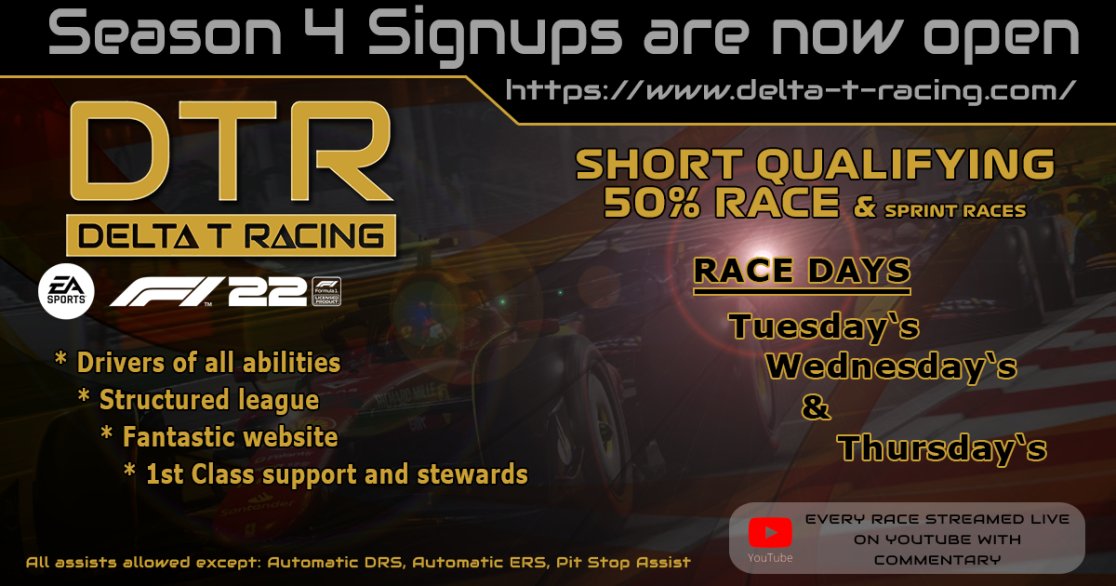 DTR F1 22 - sign ups have started for season 4.

Can you beat our champion @DTR_Jari ?

Join our discord to sign up and challenge him:
discord.com/invite/tpgj3VR…

#ChaseTheDelta