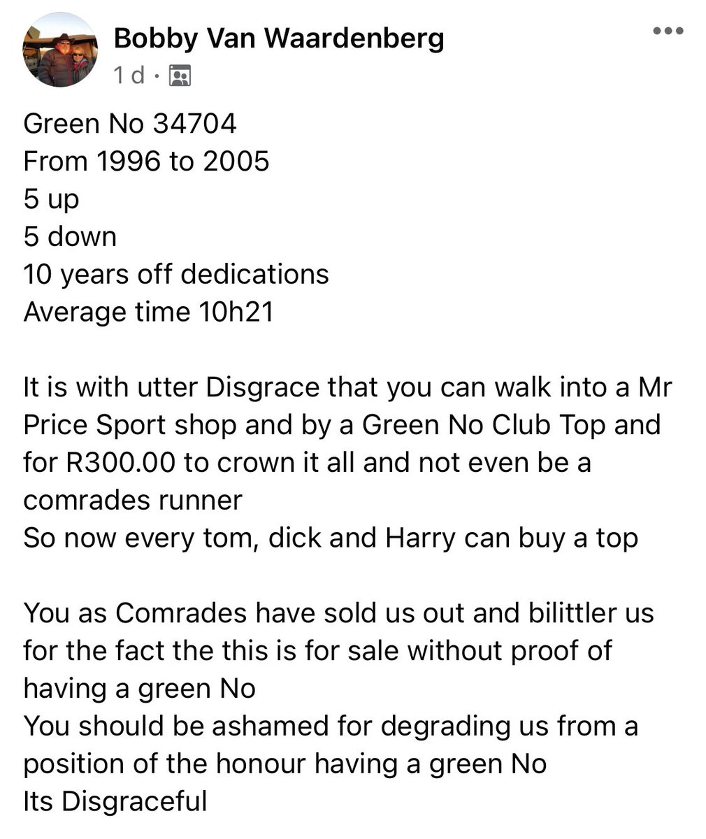 SelfieRunnerZA's tweet photo. Dear @ComradesRace, you are really disrespecting the people we look up to. I’ve 6 more Comrades to go until I’m eligible for #GreenNumber and now you do this? Please maintain the decorum and respect that comes with being a Green Number Club member! Bring @MrPriceSport up to speed https://t.co/fg60mYzmhH