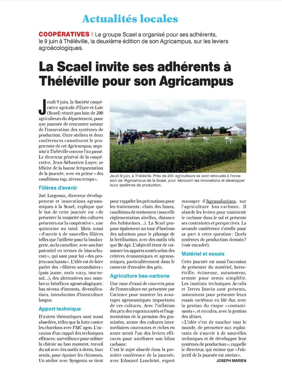 [Presse🗞️] Agrosolutions dans l'<a href="/Horizons_agri/">Horizons Journal</a> - La Scael invite ses adhérents à Théléville pour son Agricampus avec @ELanckriet sur deux conférences : « Les leviers pour maintenir le carbone dans le sol » et « Quels systèmes de production demain ? » 
⬇️⬇️⬇️