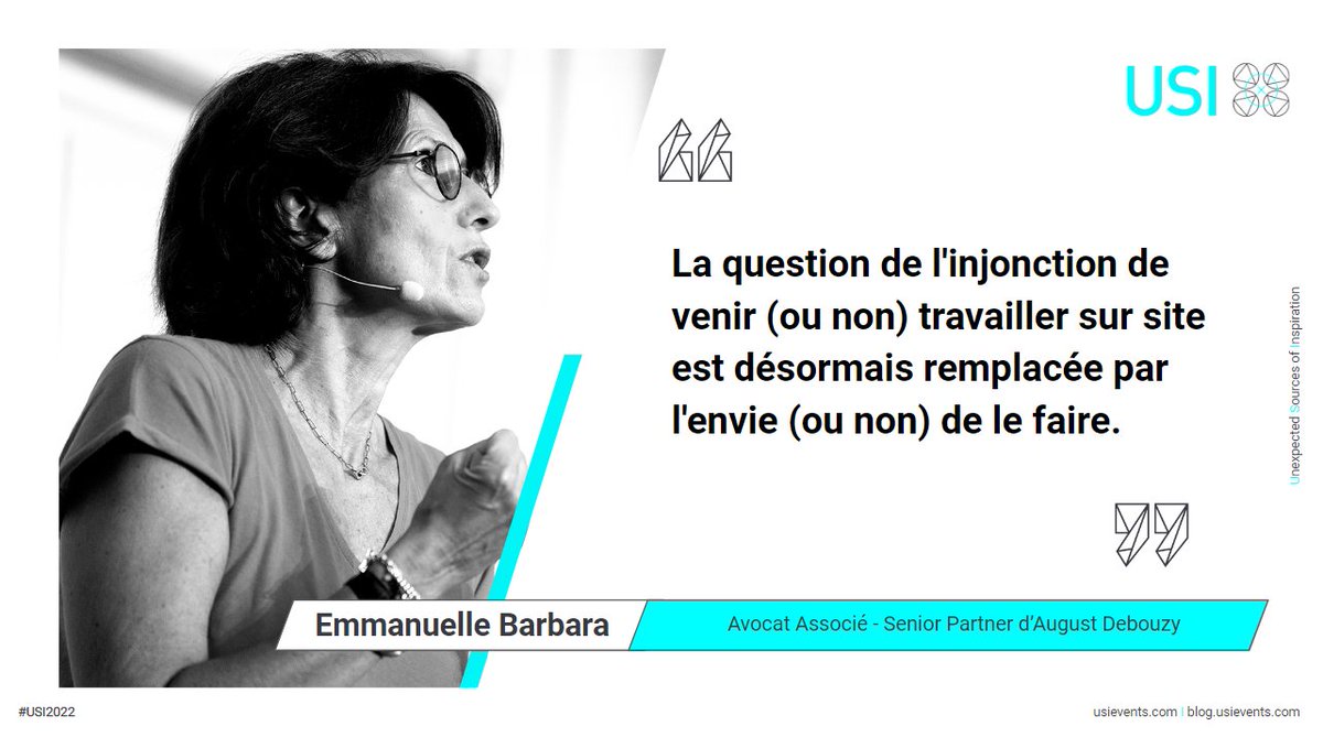 USIEvents's tweet image. [#USI2022] 🤩 Emmanuelle Barbara nous éclaire sur la relation juridique qui lie un individu à son entreprise. Est-on en train de vivre la fin du salariat ?

#FuturOfWork #droit #travail #entreprises
@emm_barbara
